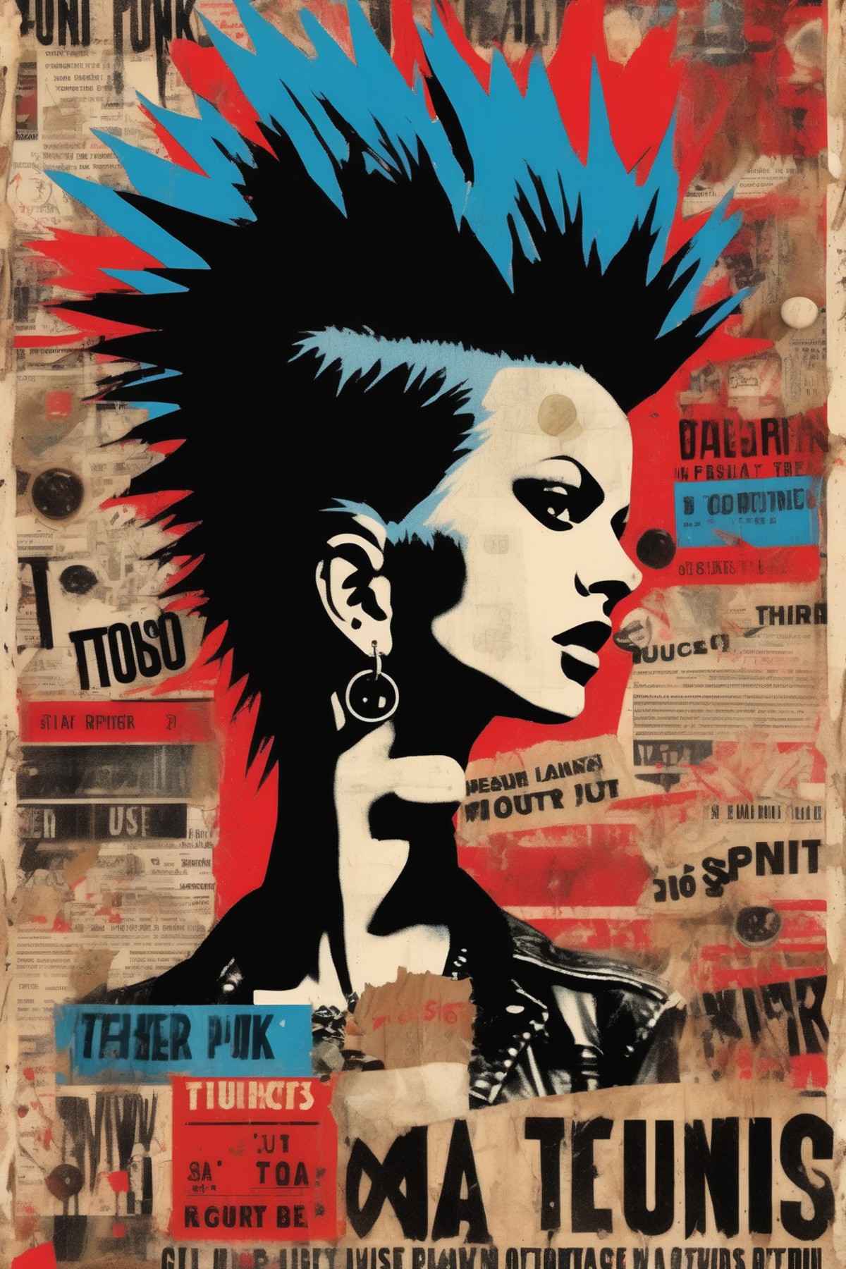 <lora:Punk Collage:1>Punk Collage - Create a vintage punk. rockmusic poster that embodies the rebellious and DIy spirit of...